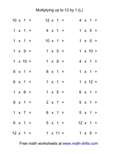 The 36 Horizontal Multiplication Facts Questions -- 1 by 0-12 (L) Math Worksheet