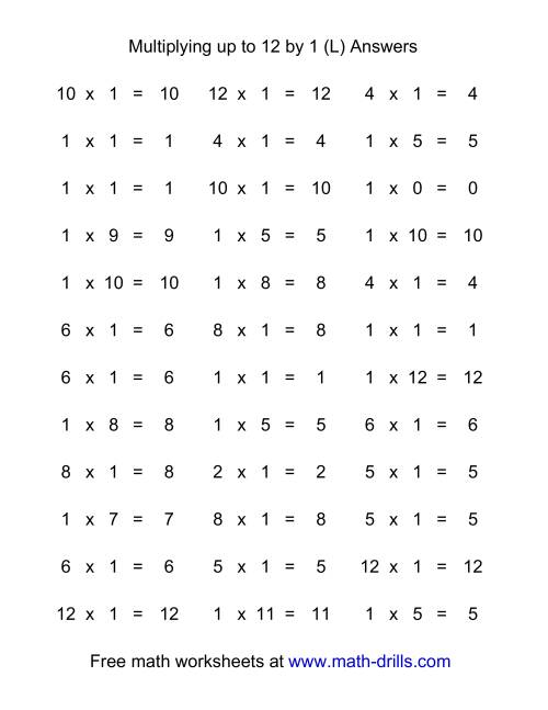 The 36 Horizontal Multiplication Facts Questions -- 1 by 0-12 (L) Math Worksheet Page 2