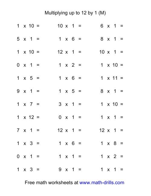 The 36 Horizontal Multiplication Facts Questions -- 1 by 0-12 (M) Math Worksheet