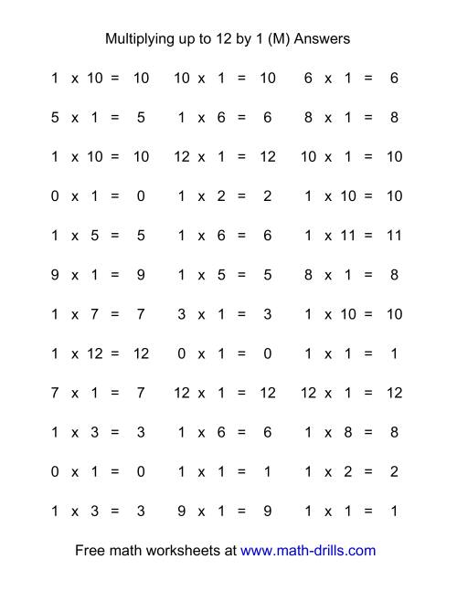 The 36 Horizontal Multiplication Facts Questions -- 1 by 0-12 (M) Math Worksheet Page 2