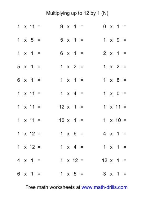 The 36 Horizontal Multiplication Facts Questions -- 1 by 0-12 (N) Math Worksheet