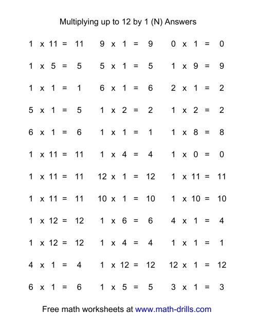 The 36 Horizontal Multiplication Facts Questions -- 1 by 0-12 (N) Math Worksheet Page 2