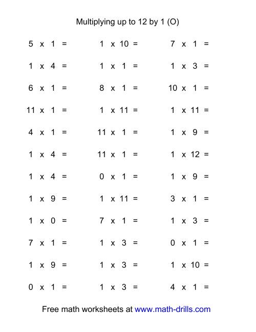 The 36 Horizontal Multiplication Facts Questions -- 1 by 0-12 (O) Math Worksheet