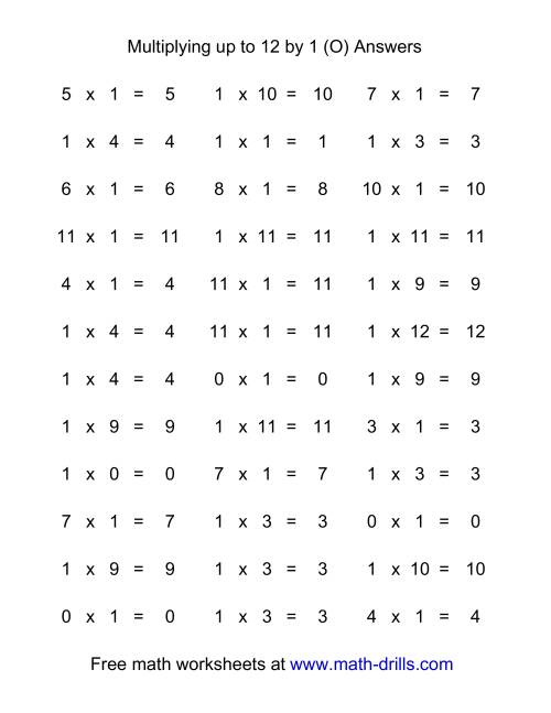 The 36 Horizontal Multiplication Facts Questions -- 1 by 0-12 (O) Math Worksheet Page 2