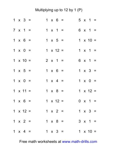 The 36 Horizontal Multiplication Facts Questions -- 1 by 0-12 (P) Math Worksheet