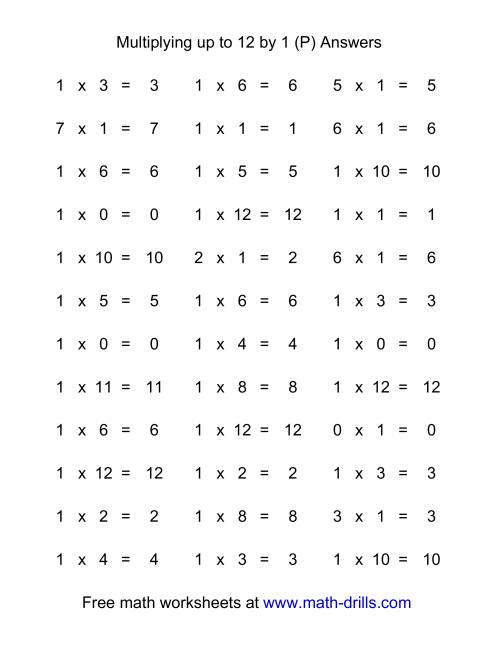 The 36 Horizontal Multiplication Facts Questions -- 1 by 0-12 (P) Math Worksheet Page 2
