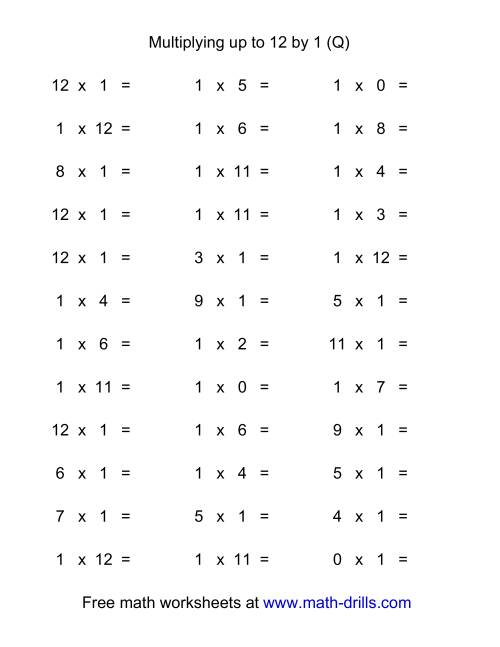 The 36 Horizontal Multiplication Facts Questions -- 1 by 0-12 (Q) Math Worksheet