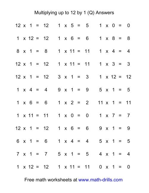 The 36 Horizontal Multiplication Facts Questions -- 1 by 0-12 (Q) Math Worksheet Page 2