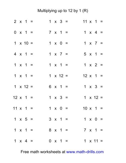 The 36 Horizontal Multiplication Facts Questions -- 1 by 0-12 (R) Math Worksheet