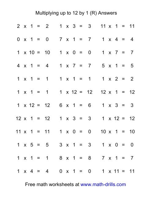 The 36 Horizontal Multiplication Facts Questions -- 1 by 0-12 (R) Math Worksheet Page 2