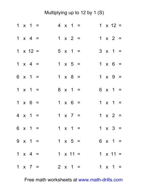 The 36 Horizontal Multiplication Facts Questions -- 1 by 0-12 (S) Math Worksheet