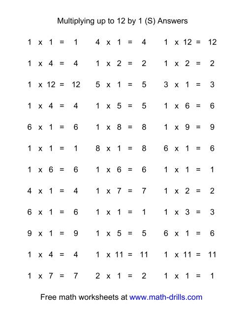 The 36 Horizontal Multiplication Facts Questions -- 1 by 0-12 (S) Math Worksheet Page 2