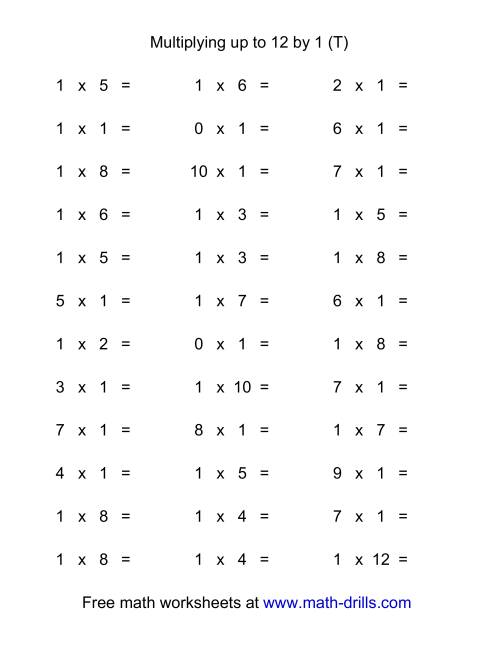 The 36 Horizontal Multiplication Facts Questions -- 1 by 0-12 (T) Math Worksheet