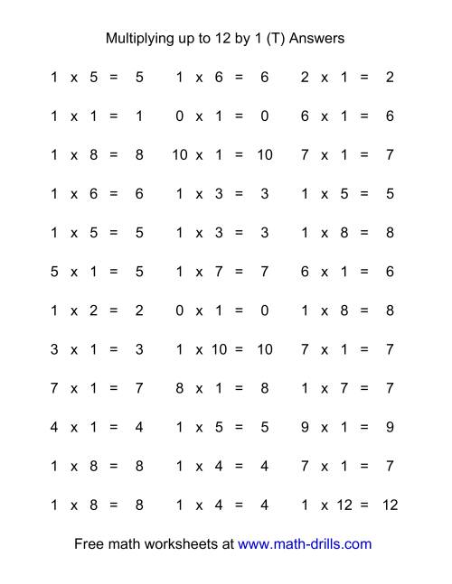 The 36 Horizontal Multiplication Facts Questions -- 1 by 0-12 (T) Math Worksheet Page 2
