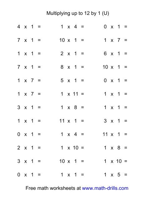 The 36 Horizontal Multiplication Facts Questions -- 1 by 0-12 (U) Math Worksheet
