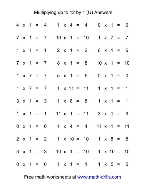 The 36 Horizontal Multiplication Facts Questions -- 1 by 0-12 (U) Math Worksheet Page 2