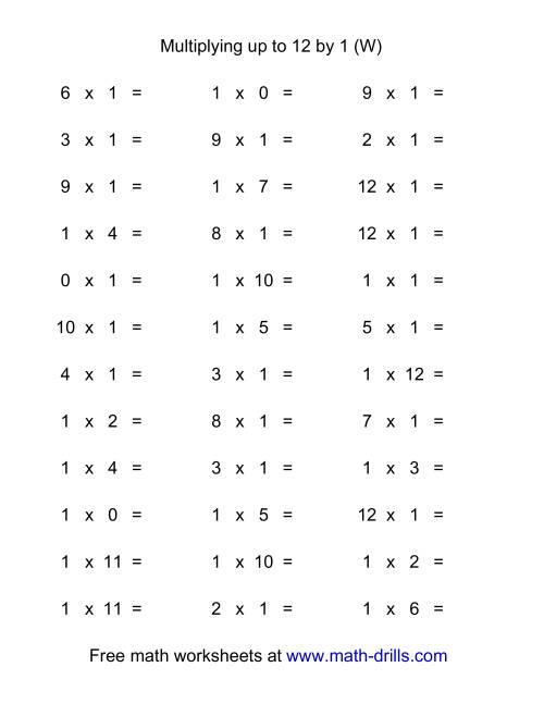 The 36 Horizontal Multiplication Facts Questions -- 1 by 0-12 (W) Math Worksheet