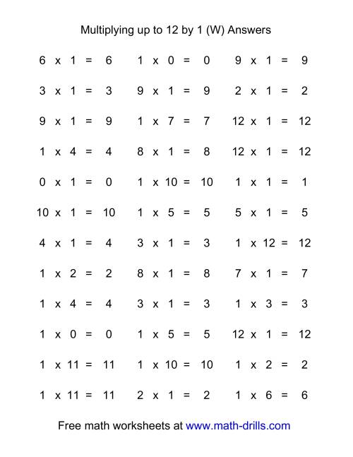 The 36 Horizontal Multiplication Facts Questions -- 1 by 0-12 (W) Math Worksheet Page 2