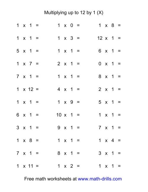 The 36 Horizontal Multiplication Facts Questions -- 1 by 0-12 (X) Math Worksheet
