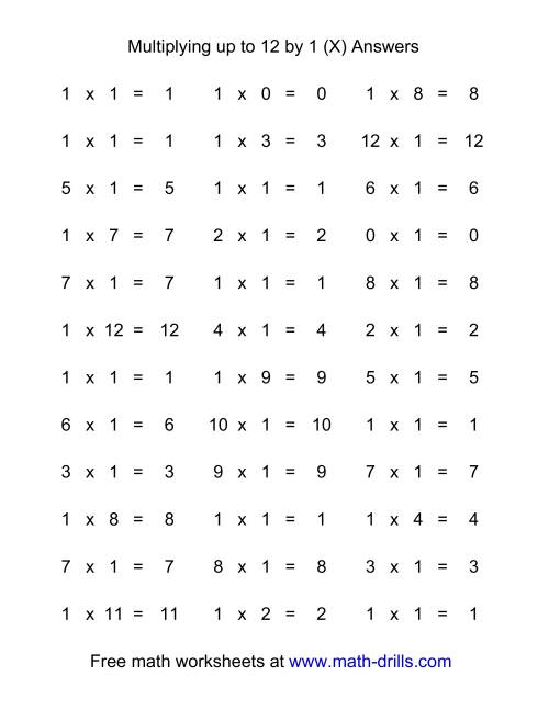 The 36 Horizontal Multiplication Facts Questions -- 1 by 0-12 (X) Math Worksheet Page 2