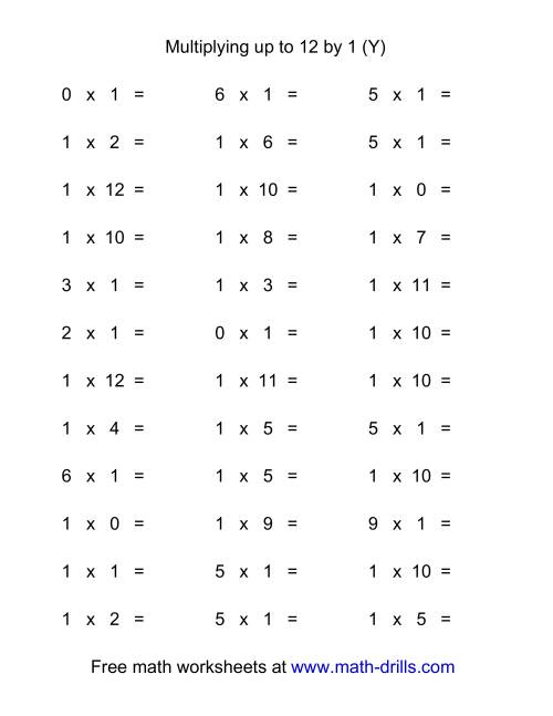 The 36 Horizontal Multiplication Facts Questions -- 1 by 0-12 (Y) Math Worksheet