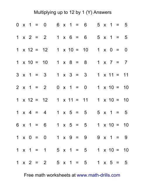 The 36 Horizontal Multiplication Facts Questions -- 1 by 0-12 (Y) Math Worksheet Page 2