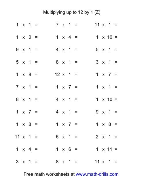 The 36 Horizontal Multiplication Facts Questions -- 1 by 0-12 (Z) Math Worksheet