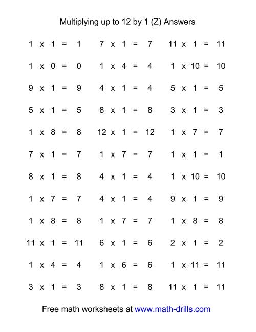 The 36 Horizontal Multiplication Facts Questions -- 1 by 0-12 (Z) Math Worksheet Page 2