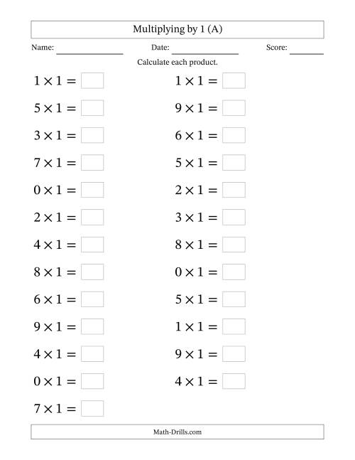 The Horizontally Arranged Multiplying (0 to 9) by 1 (25 Questions; Large Print) (A) Math Worksheet