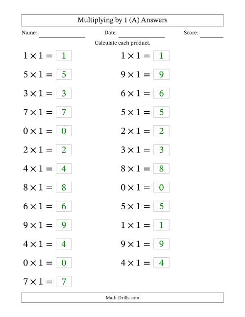 The Horizontally Arranged Multiplying (0 to 9) by 1 (25 Questions; Large Print) (A) Math Worksheet Page 2