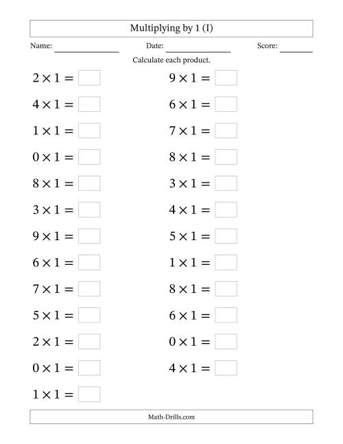 The Horizontally Arranged Multiplying (0 to 9) by 1 (25 Questions; Large Print) (I) Math Worksheet