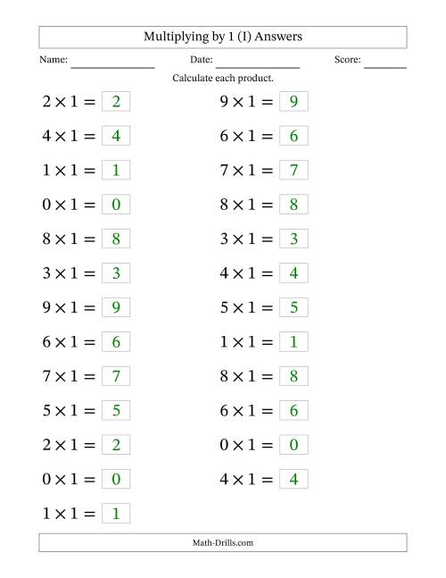 The Horizontally Arranged Multiplying (0 to 9) by 1 (25 Questions; Large Print) (I) Math Worksheet Page 2