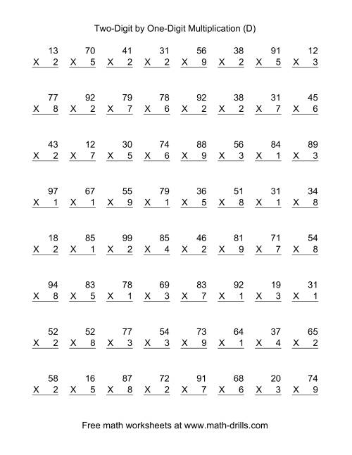 The Multiplying Two-Digit by One-Digit -- 64 per page (D) Math Worksheet