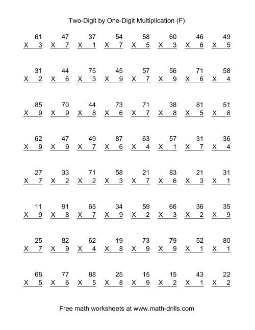 The Multiplying Two-Digit by One-Digit -- 64 per page (F) Math Worksheet