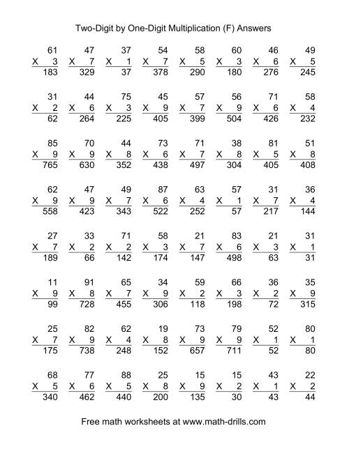 The Multiplying Two-Digit by One-Digit -- 64 per page (F) Math Worksheet Page 2