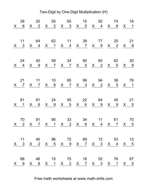 The Multiplying Two-Digit by One-Digit -- 64 per page (H) Math Worksheet