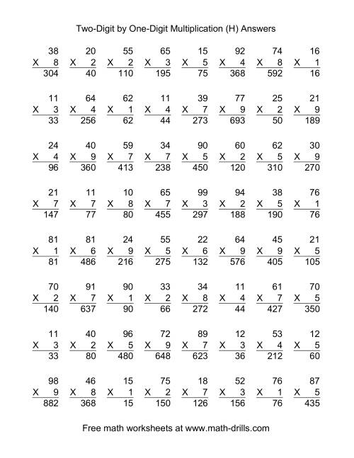 The Multiplying Two-Digit by One-Digit -- 64 per page (H) Math Worksheet Page 2