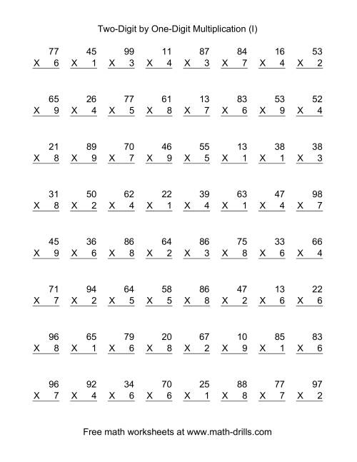 The Multiplying Two-Digit by One-Digit -- 64 per page (I) Math Worksheet