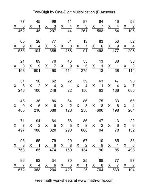 The Multiplying Two-Digit by One-Digit -- 64 per page (I) Math Worksheet Page 2