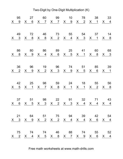 The Multiplying Two-Digit by One-Digit -- 64 per page (K) Math Worksheet