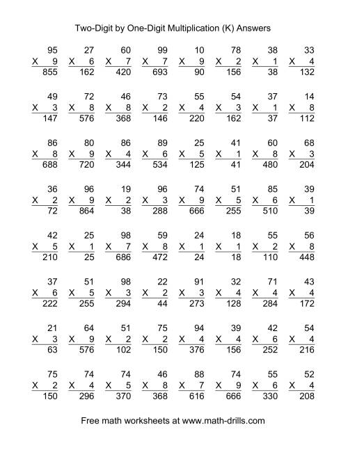 The Multiplying Two-Digit by One-Digit -- 64 per page (K) Math Worksheet Page 2