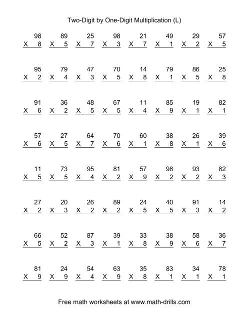 The Multiplying Two-Digit by One-Digit -- 64 per page (L) Math Worksheet