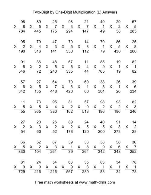 The Multiplying Two-Digit by One-Digit -- 64 per page (L) Math Worksheet Page 2