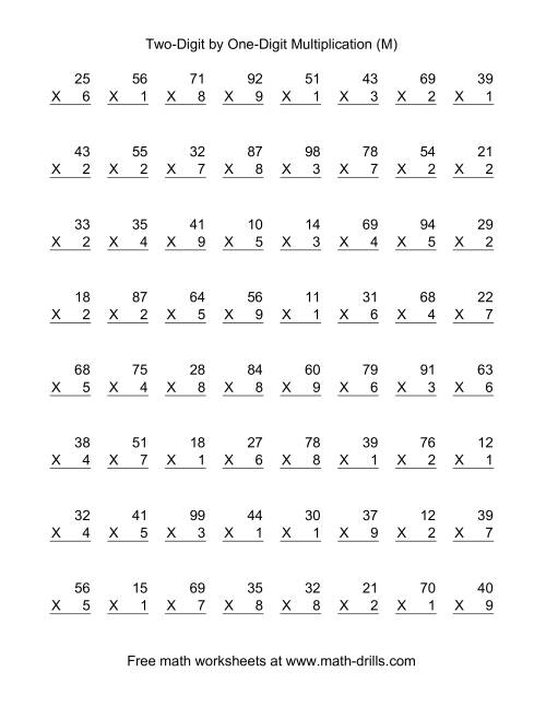 The Multiplying Two-Digit by One-Digit -- 64 per page (M) Math Worksheet