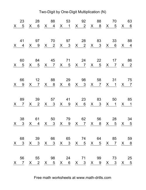 The Multiplying Two-Digit by One-Digit -- 64 per page (N) Math Worksheet