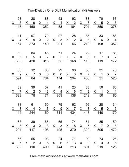 The Multiplying Two-Digit by One-Digit -- 64 per page (N) Math Worksheet Page 2