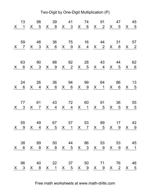 The Multiplying Two-Digit by One-Digit -- 64 per page (P) Math Worksheet