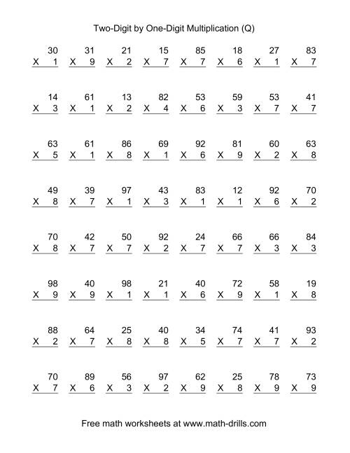 The Multiplying Two-Digit by One-Digit -- 64 per page (Q) Math Worksheet