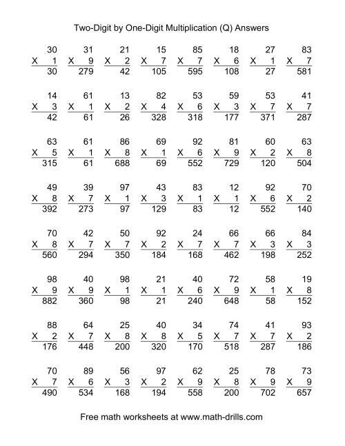 The Multiplying Two-Digit by One-Digit -- 64 per page (Q) Math Worksheet Page 2
