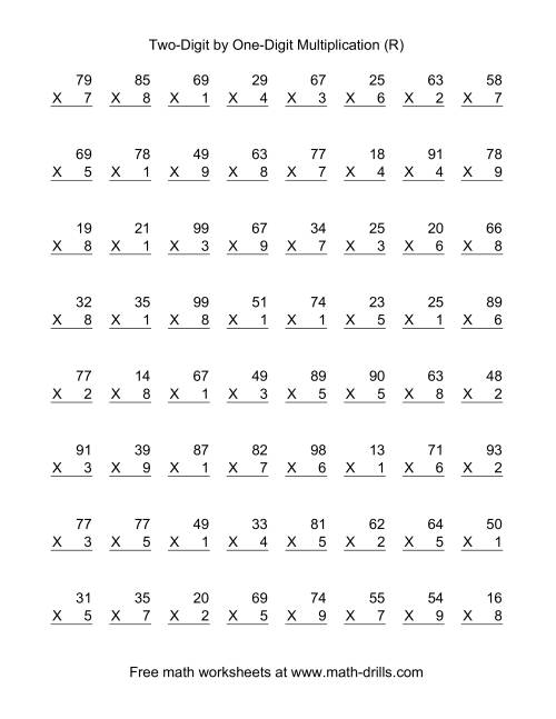 The Multiplying Two-Digit by One-Digit -- 64 per page (R) Math Worksheet